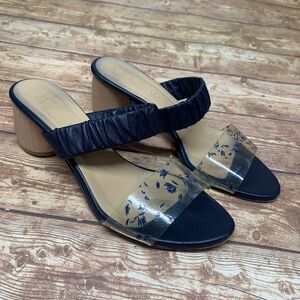 Dear Frances Blue Leather Chunky Heel Clear Sandal Size 39 US 9 Scrunch Mule